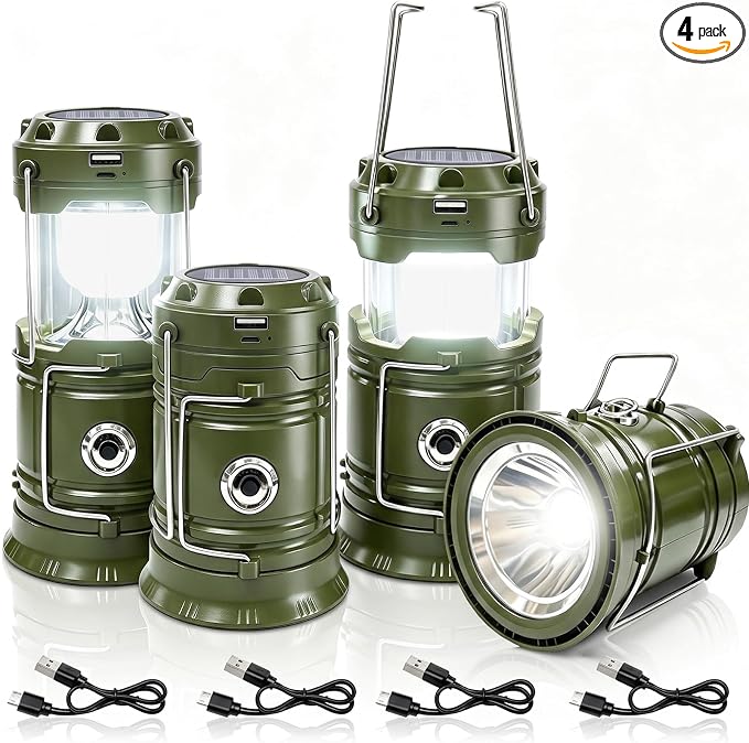 DIBMS 4-Pack Solar Camping Lantern, Collapsible Flashlight Emergency Lights | LED Solar USB Rechargeable Lamp Tent Hanging Lights Survival Kits for Hurricanes Power Outages Indoor Outdoor (Army Green)