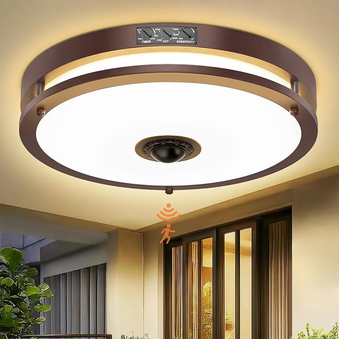 12" LED Motion Sensor Outdoor Ceiling Light Porch Lamp, 5CCT, 24W | Dusk to Dawn, 2700K/3000K/3500K/4000K/5000K Dimmable, 4 Lighting Modes, Flush Mount Ceiling Light for Entryway, Brown