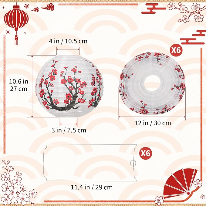 6 Pcs White Paper Lanterns Decorative 10x12 Inch, ZUEXT Cherry Blossom Hanging Round Chinese/Japanese Lantern for Festival Theme Birthday Party Wedding Home Yard Japanese Eateries Decor Oriental Style