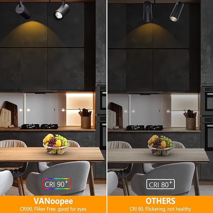 VANoopee 3-Color 10W H Track Lighting Heads Dimmable LED Track Light Heads Bright Rail Ceiling Spotlight Fixtures Accent Task, 3000K 4000K 5000K, Flicker Free CRI90+ 36° 1000lm, Matte Black, Pack of 8