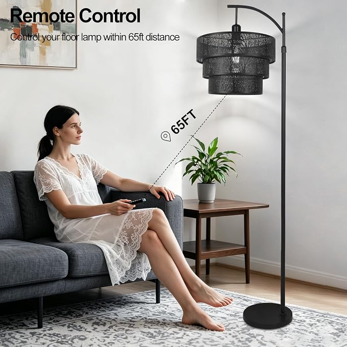 AHDWDW Arc Floor Lamp for Living Room Bedroom,Mid-Century Modern Floor Lamps with Remote,Black Dimmable Standing Tall Lamp for Corner Office,3-Tier Drum Metal Lampshade with Forest Tree Design