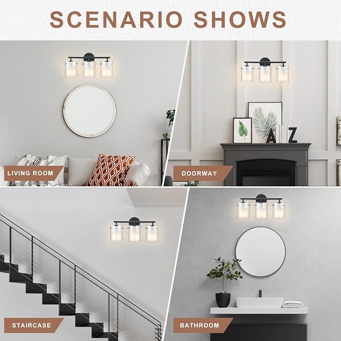 Matte Black Bathroom Light Fixtures Over Mirror with Dual Glass Shades, Modern 3-Light Vanity Lights, 20in Vanity Light Fixtures Above Mirror, Vanity Lights for Bathroom