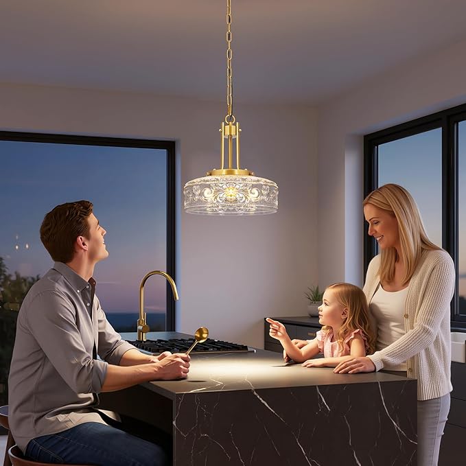 Vintage 3-Light Pendant Lights Kitchen Island, Gold Brushed Metal & Clear Glass Ceiling Pendant Light, Adjustable Gold Chandelier Light Fixture Over Dining Table ,Bathroom, Breakfast, Hallway, E12*3