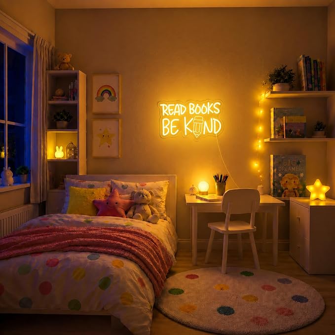Read Books And Be Kind Neon Sign for Wall Decor Warm White Read Books Neon Light Dimmable Classroom LED Light up Signs for Study Room Bookstore Bedroom Classroom Library Decor
