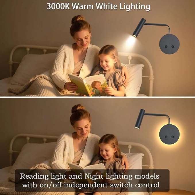 2 Pack Wall Mounted Reading Lights for Bed, Matte Black Headboard Wall Sconces with Night Light, Plug in or Hardwired Bedside Reading Lamps with On/Off Switch, 3000K Warm White Bedroom Wall Lighting