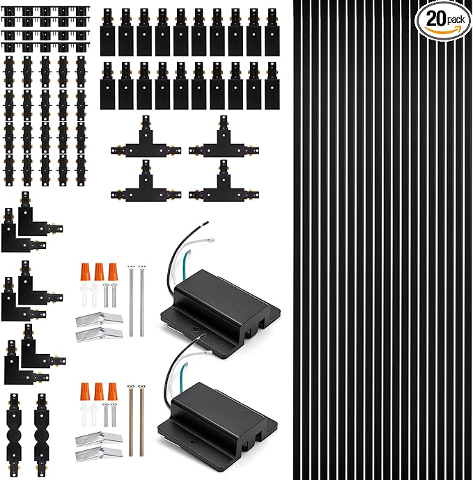 H Track Lighting Rails Kit - iCreating 65.6ft Black Track Lighting Tracks 3 Wire with Floating Canopy Connector, L, I and T Connectors for Single Circuit H Type LED Tracks Lights Heads Fixtures