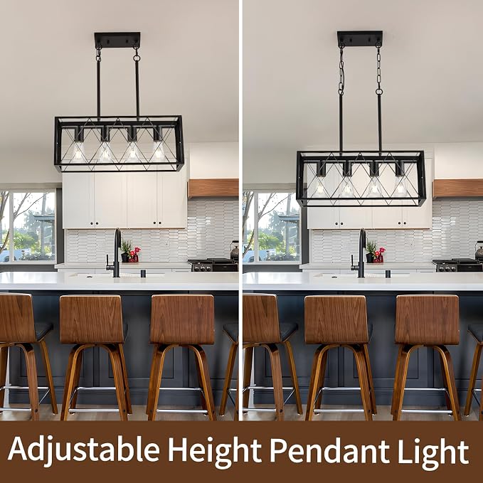 KEESFU Black Farmhouse Kitchen Island Lighting, 4 Lights Pendant Lighting Fixtures, Adjustable Height, Industrial Dining Room Light for Living Room Foyer Dining Table Over Sink.