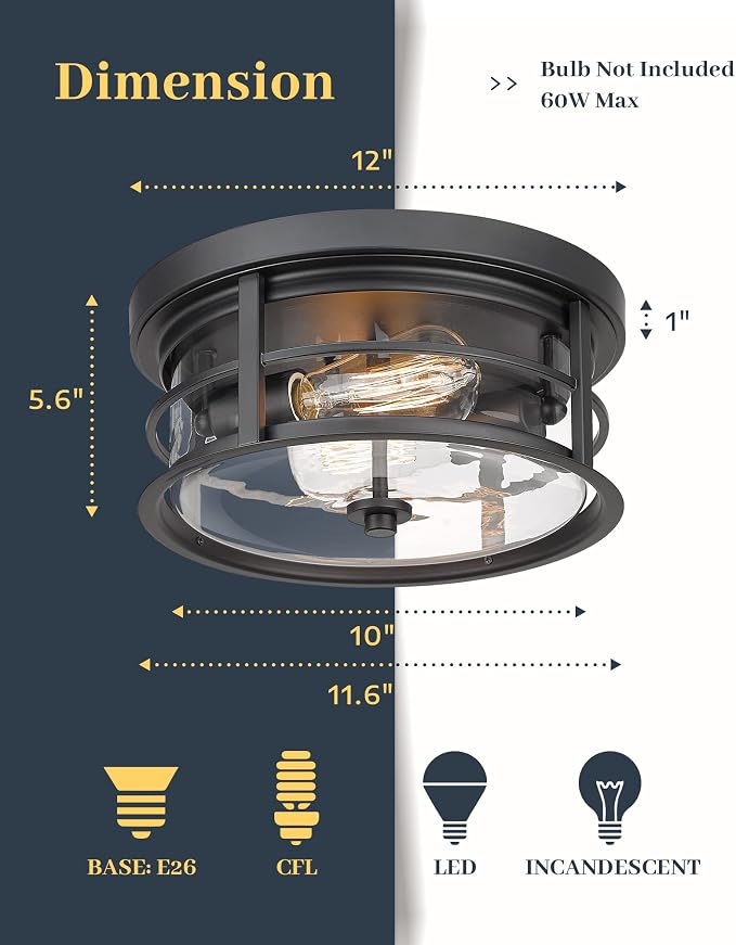 EAPUDUN Flush Mount Ceiling Light, 12inch 2-Light Metal Close to Ceiling Light Fixture, Matte Black Finish with Clear Glass Shade for Hallway Entryway Bedroom Porch FMA1412-MBK