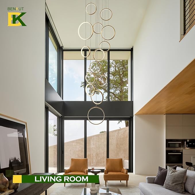 14 Ring High Ceiling Chandelier Foyer, Gold Modern LED Large Staircase Long Chandeliers Light Fixture with Remote for Staircase Entryway Living Room Dining Room(118in, 3000K-6500K)