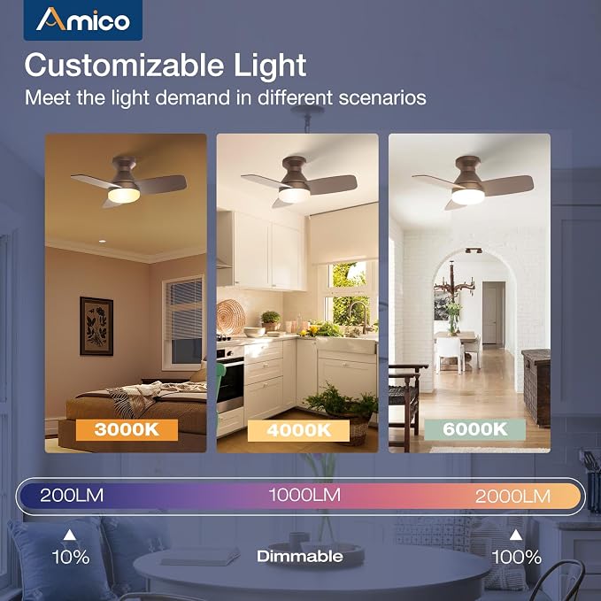 Amico 30 Inch Brown Low Profile Ceiling Fans with Lights and Remote | Flush mount, 3-color dimmable light, quiet reversible DC motor, easy install, memory, timer, bedroom, covered outdoor areas