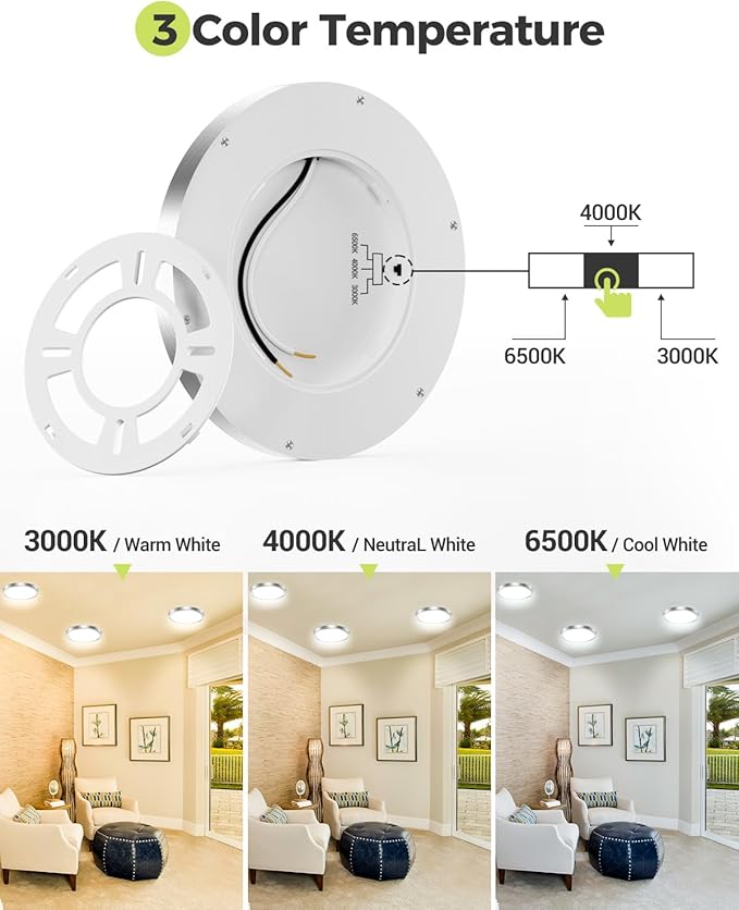 hepside 1PACK LED Flush Mount Ceiling Light, 3CCT Selectable 3000K-4000K-6500K & 100W Equivalent Modern Kitchen Recessed Ceiling Lamp 15W 1500Lm 7.5 Inch for Bathroom Closet Laundry Bedroom