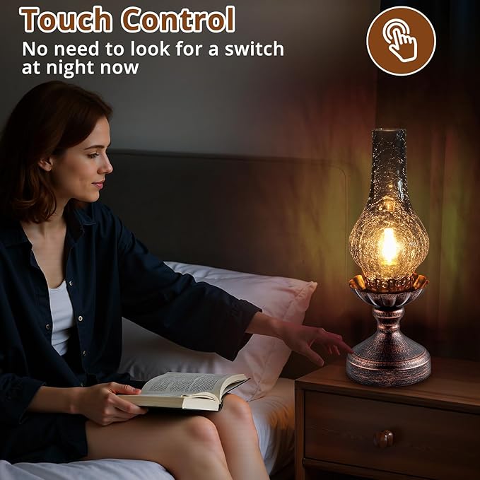 Vintage Table Lamp with Smoke Grey Crackle Glass Shade,Touch Control & 3-Way Dimmable Rustic Retro Farmhouse Bedside Lamp for Bedroom, Living Room, Cabin, Office (2700K LED Candle Bulb Included)