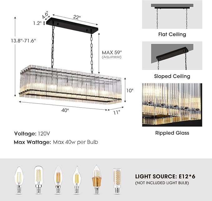 NOXARTE 40 Inch Modern Black Crystal Chandelier for Dining Room, 6-Lights Large Ribbed Glass Rectangle Chandelier Height Adjustable Rectangular Hanging Light Fixture for Living Room, Kitchen Island