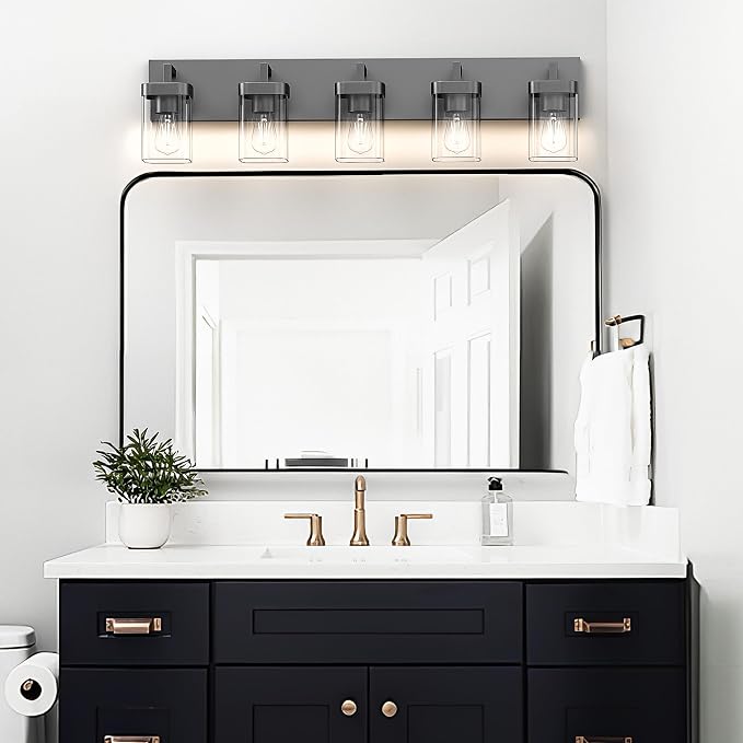 Bathroom Vanity Light, Square Design 5 Lights Morden Bathroom Lighting Fixtures Over Mirror, Black Vanity Light for Living Room/Bedroom