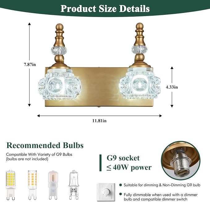 Modern Glass Crystal Vanity Light - Vintage Bathroom Lighting Fixtures Over Mirror, 2 Light Vanity Lights G9 Bulb (11.81 Inch,Brass)