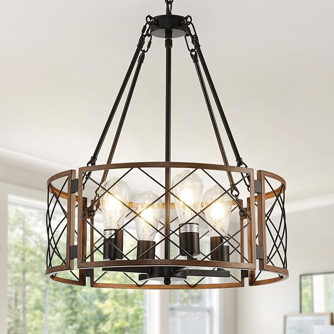 20'' Farmhouse Chandelier, 4-Light Black & Wood Grain Dining Room Light Fixture Over Table, Rustic Industrial Drum Hanging Pendant Lights Fixture for Kitchen Island Bedroom Hallway Foyer Entryway