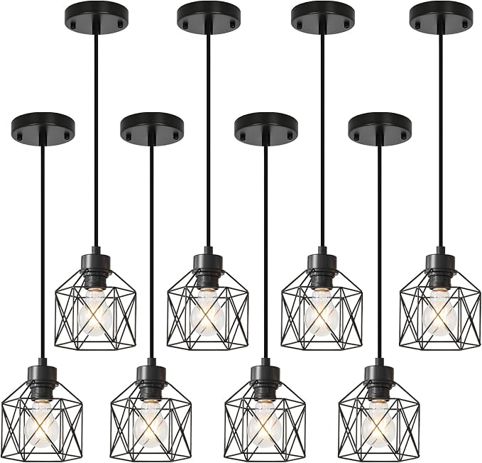 8-Pack Hanging Pendant Light Fixtures, Farmhouse Kitchen Island Light Fixture, Industrial Hanging Pendant Lighting for Dining Room Bedroom Hallway, Black Metal Cage Pendant Lamp, E26 Base