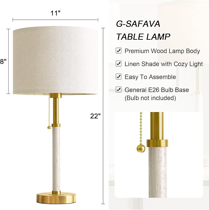 G-SAFAVA 22" Table Lamps Mid Century Modern Lamps for Bedroom Living Room Bedside Lamps for Night Stands Wood Nightstand Lamp Gold Small Side End Table Lamps Set of 2 Vintage Home Deco Office Gifts