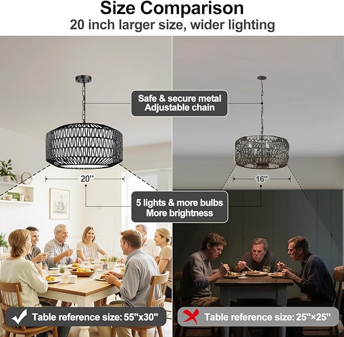Farmhouse Chandelier Light Fixture, 5-Light Rattan Boho Chandeliers for Dining Room, Hand Woven Pendant Light with Linen Shade, Rustic Hanging Lighting for Kitchen Island, Bedroom (Bulb Not Included)