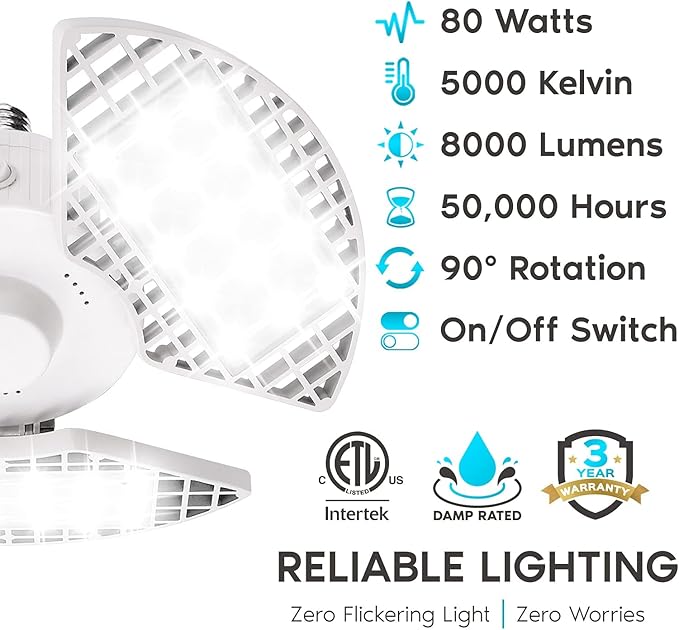 LUXRITE LED Garage Light 80W, 8000 Lumens, Deformable LED Garage Lights, 5000K Bright White, 3 Panel Garage Light, E26 Screw in Shop Light, Adjustable Garage Light, Damp Rated, ETL Listed