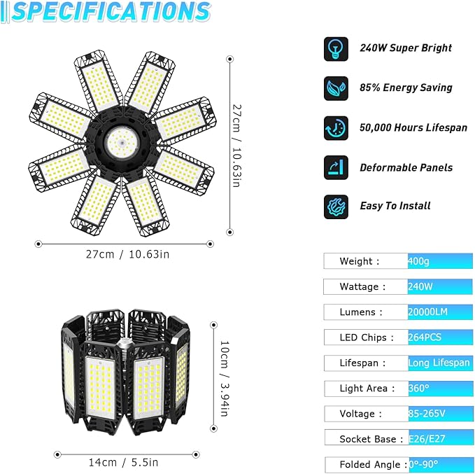 Garage Light 6 Pack - 240W 24000LM 6500K Garage Lights Ceiling LED with 8+1 Deformable Panels, E26/E27 Screw Socket in LED Shop Light for Workshop, Basement, Gym, Barn, Warehouse etc Bay Lighting