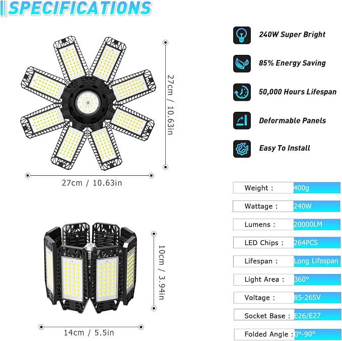 Garage Light 2 Pack - 240W 24000LM 6500K Garage Lights Ceiling LED with 8+1 Deformable Panels, E26/E27 Screw Socket in LED Shop Light for Workshop, Basement, Gym, Barn, Warehouse etc Bay Lighting