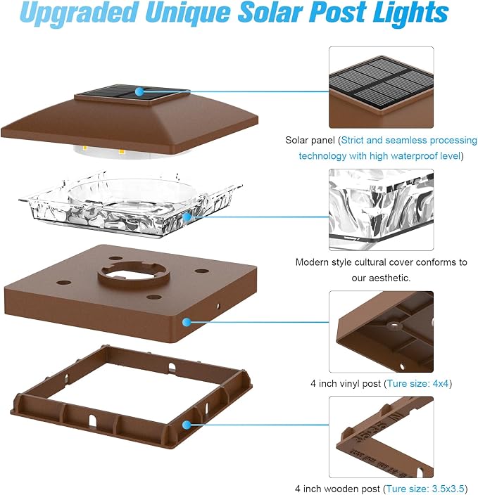 VOLISUN 4x4 Solar Post Cap Light 12pack,Solar Fence - Post Lights Brown Outdoor Waterproof for Wooden/Vinyl Post, with Warm White for Deck