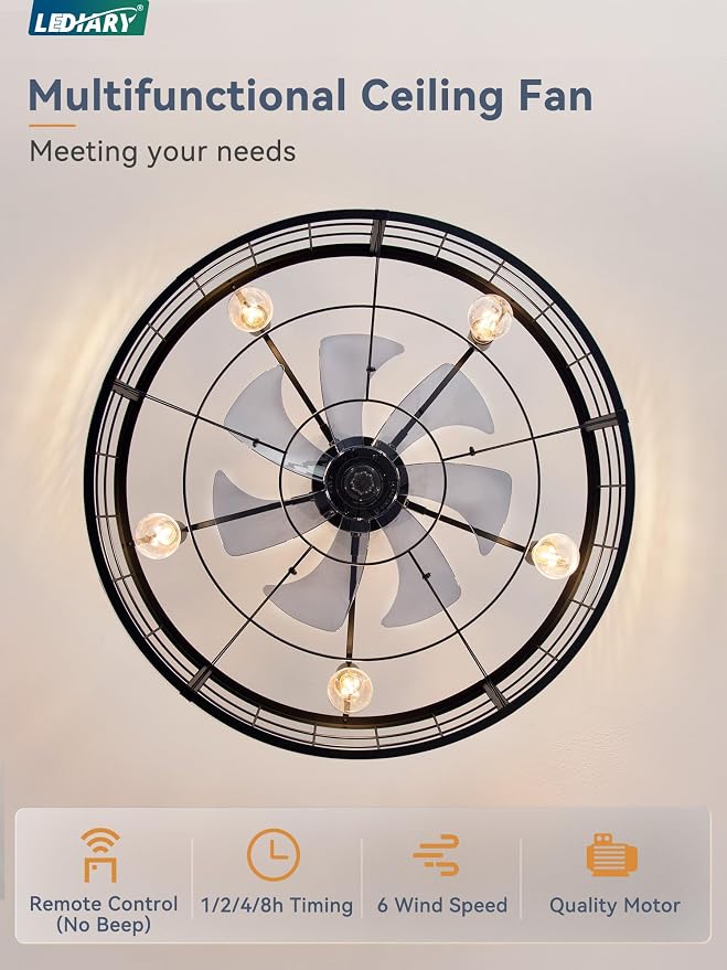 LEDIARY 30 inch Fandelier Caged Ceiling Fan with Light and Remote, Black | 6 Speed Adjustable,Timing, Quiet & Powerful DC, Large, Farmhouse, Industrial, Enclosed, Bladeless, Bedroom, Kitchen, Downrod