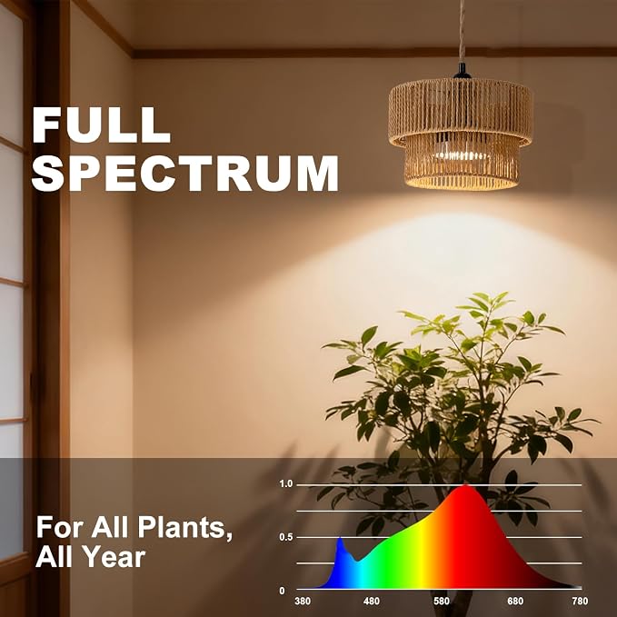 Hanging Grow Light, 30W LED Lamp with Timer for Indoor Plants | 4000K LED plant lamp with 15 ft cord, outlet timer, and boho paper rope shade for succulents, herbs, and low-light rooms.