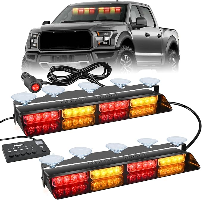 Nilight 32LED Amber Red Emergency Dash Strobe Lights with Controller | Suction Cups Warning Hazard Interior Front/Rear Windshield Deck Split Light Bar for Trucks Construction Vehicles