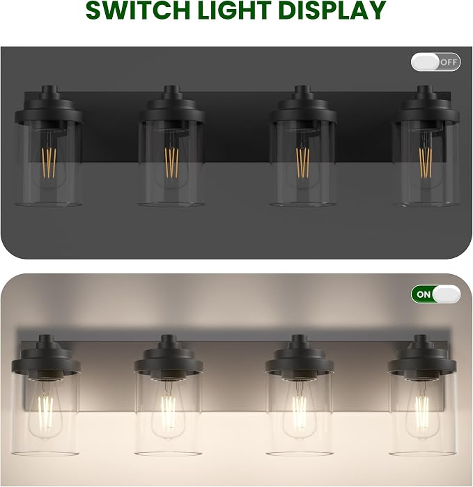 Bathroom Vanity Light Fixture, 4-Light Modern Black Vanity Light Fixtures with Clear Glass Shade, Matte Black Bathroom Light Fixtures Over Mirror, Rustic Restroom Lighting Fixtures
