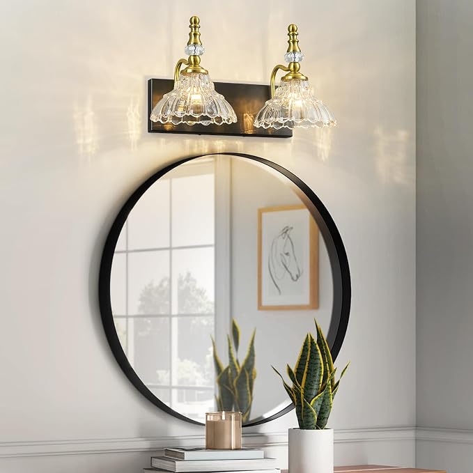 Vintage Bathroom Vanity Light, 2-Light Black Gold Vanity Lighting Fixture with Flower Glass Shade, Bathroom Lighting Fixtures Over Mirror