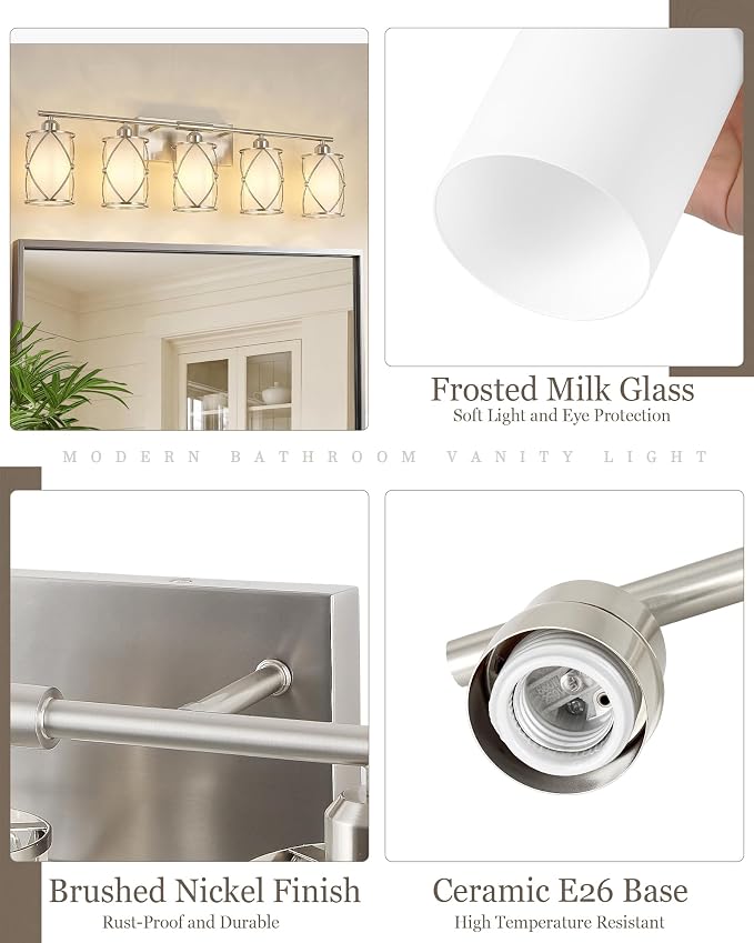 5-Light Brushed Gold Bathroom Light Fixtures Over Mirror, 42" UL-Listed Modern Wall Sconce Lights with Frosted Milk White Glass and Metal Cage for Bath, Hardwire E26, CH9176BNW-5W