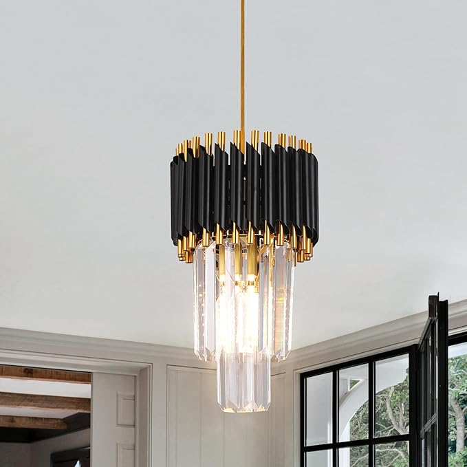 Crystal Chandelier Gold Pendant Light Fixtures Modern Crystal Pendant Light for Kitchen Island D7.5'' Black and Gold Chandelier for Dining Room Bedroom Living Room Hanging Light with a Bulb