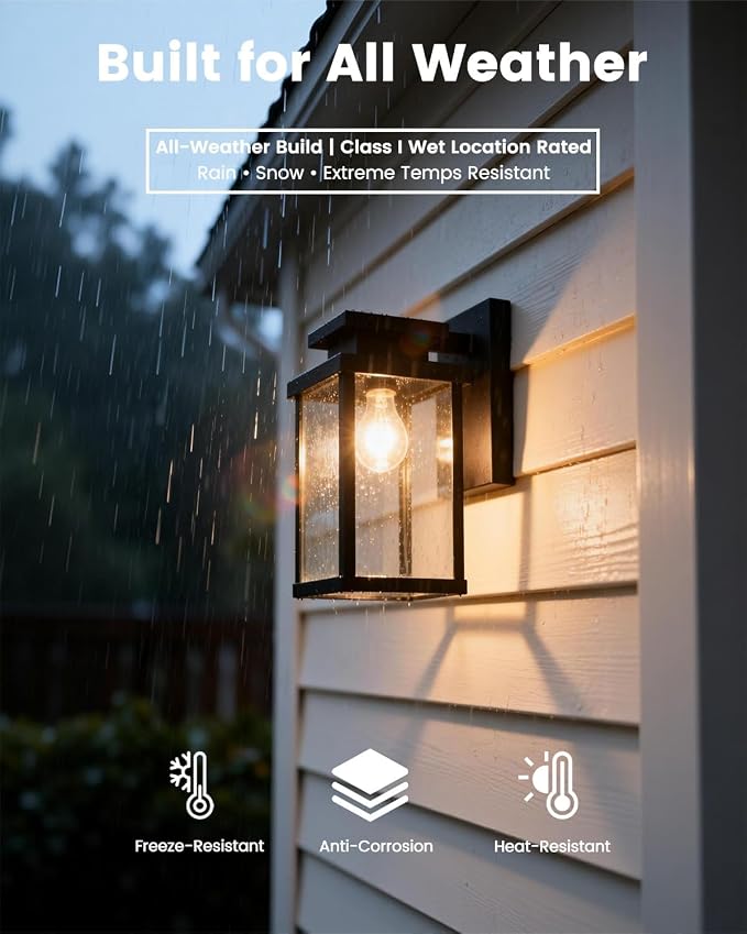 11" Die-Cast Aluminum & Clear Glass Outdoor Wall Lantern for Front Door, Patio and Porch Light E26 Base 60W Compatible Sconce, IP65 Waterproof Wet Location Rated, ETL, UL, CSA Qualified, Black