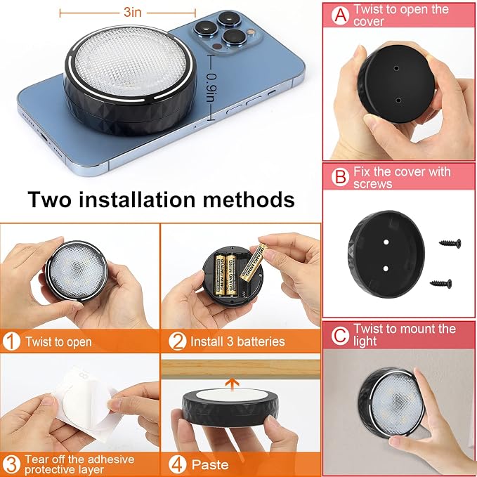 Onumii Battery Operated Under Cabinet Lighting with Remote, Wireless LED Puck Lights Color Changing with Timer, Stick On Closet Lights for Kitchen Cabinets Shelf Display - 2 Pack Black