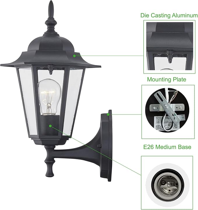 WISBEAM Outdoor Wall Lantern, Black Wall Sconce for House Porch Lighting Fixture, E26 Base 60W Max, Metal Housing Plus Glass, Wet Location Rated, ETL Qualified, Bulbs not Included