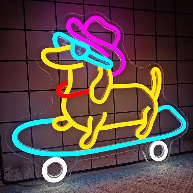 Skateboard Dog Neon Sign Dog Neon Lights for Wall Decor Dimmable Animal Led Signs for Bedroom Cool Dachshund Neon Light Sign Decoration for Pet Shop Party Bar