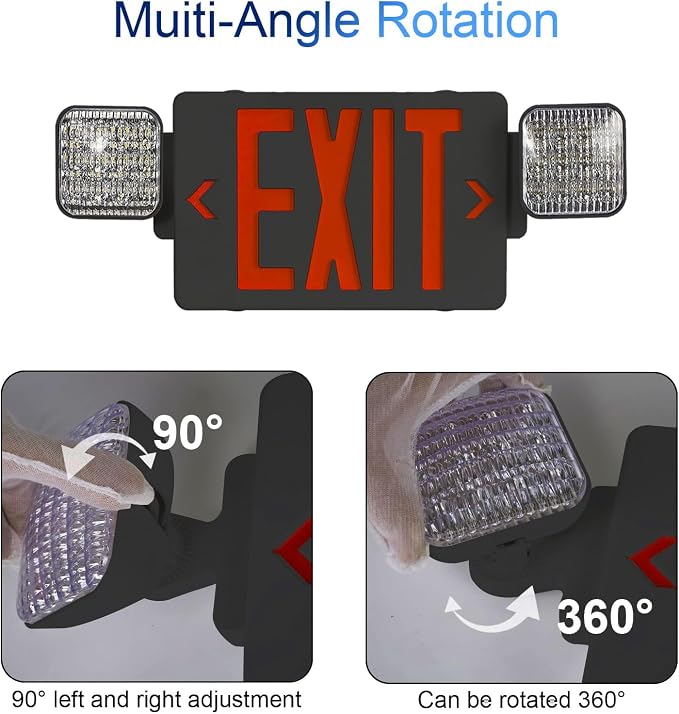 Black Red LED Exit Sign Emergency Light Combo, UL Listed Battery Backup | UL-listed commercial fire exit sign features 90-min battery backup, 360° rotating dual heads, and easy dual-mount setup.