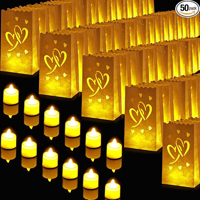 Sabary 50 Sets Luminary Bags with Flameless Tea Lights Outdoor Luminaries LED Lantern Candle Bags for Wedding Birthday Ramadan Christmas Party Decorations Romantic Decor(Romantic Heart)