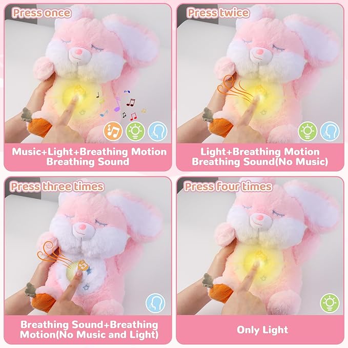 Breathing Stuffed Animal, Soothe Snuggle Pink Easter Bunny Stuffed Animal for Anxiety Adults and Kids, Volume Control Soothing Bunny Plush with Realistic Breathing and Lights, Easter Basket Stuffers