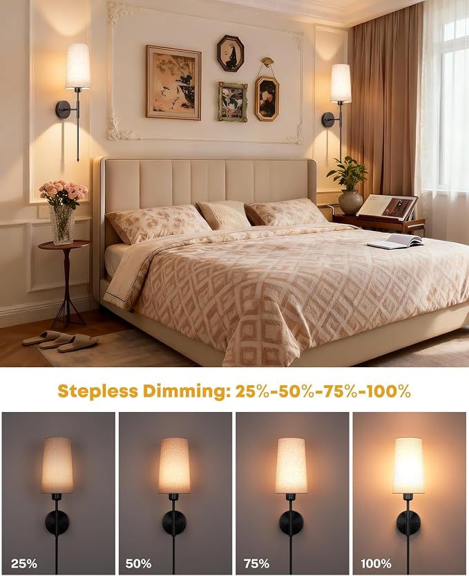 Battery Operated Wall Sconce Set of 2, 13000mAh Rechargeable Battery Powered Sconces with Remote Dimmable Fabric Shade Wireless Sconces Fixture for Bedroom Living Room