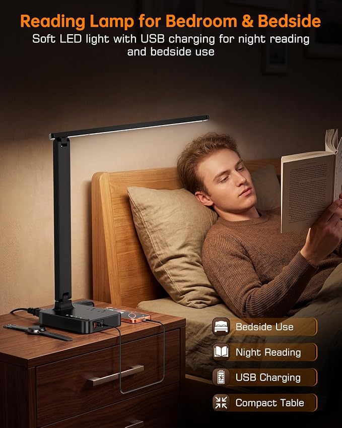 LED Desk Lamp for Dorm Office, USB-C & 2 AC Outlets Charging, Black | LED Desk Lamps for Home Office with 2 USB Charging Ports(1 USB-C), 2 AC Outlets, Foldable Small Desk Lamp for Study Reading