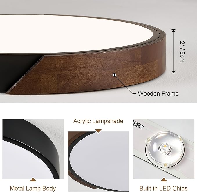 Modern LED Ceiling Light, Dark Walnut Wood Minimalist Flush Mount Ceiling Light Fixture, 4000K Circle Not Dimmable Lighting Lamp with Acrylic Lampshade for Bedroom Hallway Kitchen 15.8"