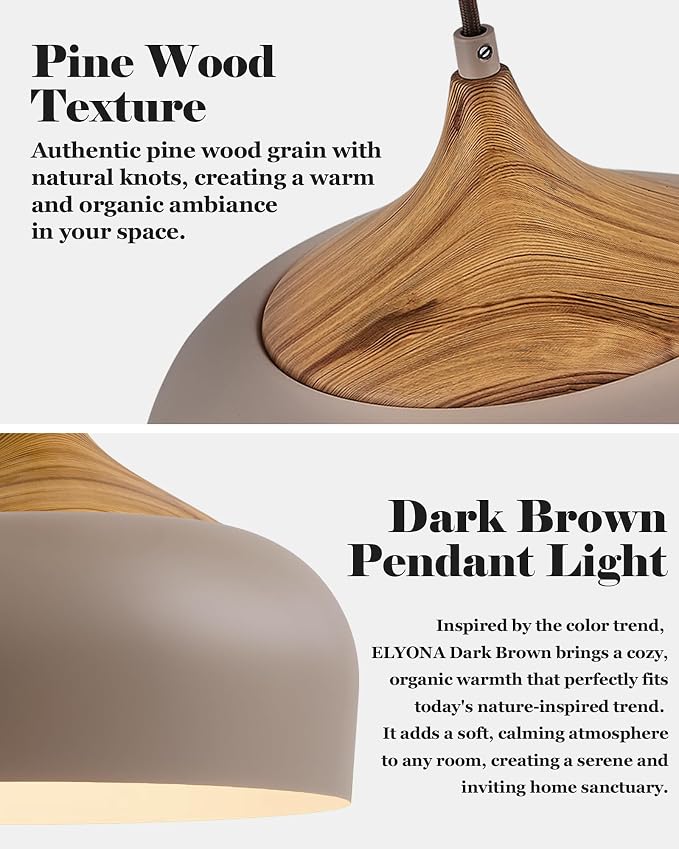 ELYONA 12" Japandi Pendant Light, Farmhouse Pendant Light Fixture with Faux Pine Wood Grain Metal Shade, Adjustable Hanging Light for Kitchen Island Dining Room Bedroom Sloped Ceiling, Caramel Brown