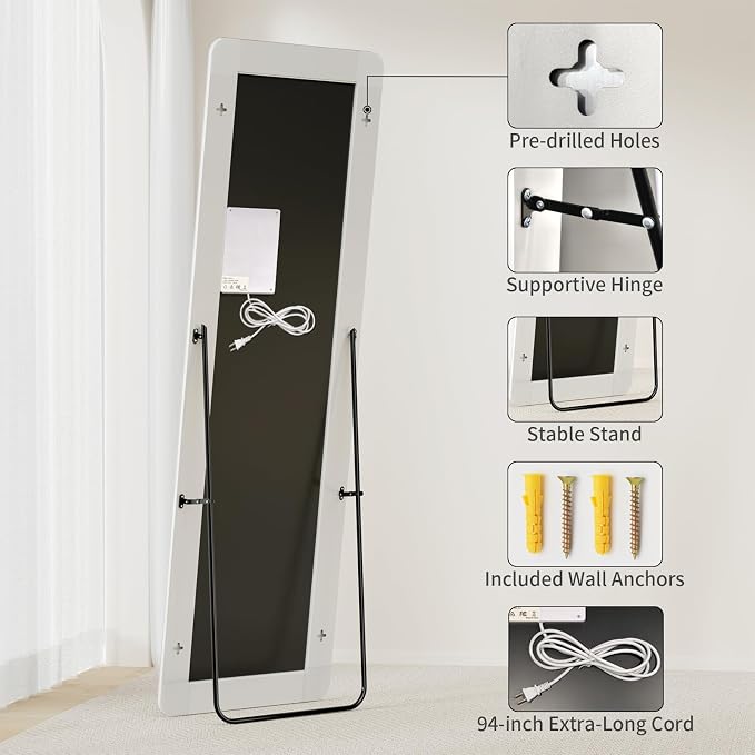 Koonmi LED Full Length Mirror, 63"x20" Full Length Mirror with Lights, Lighted Floor Mirrors with Stand, Full Body Mirrors with Dimming & 3 Color Lightingfor Living Room Cloakroom, White