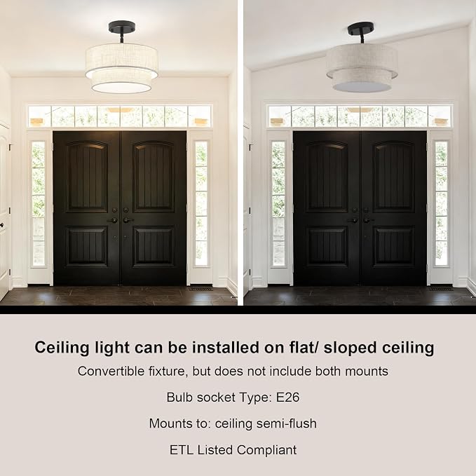 3-Light Semi Flush Mount Ceiling Light, 12.6 Inch Drum Black Chandelier Fabric Metal Kitchen Light Fixture, Dimmable Dining Room Light Fixture E26 Base Chandeliers for Living Room Bedroom