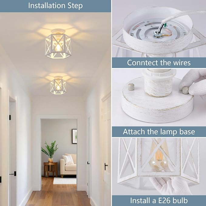 XSDeTu 2 Pack White Semi Flush Mount Ceiling Light, Modern Hallway Light Fixture, Vintage Metal Hexagonal Ceiling Lamp for Kitchen Entryway Porch
