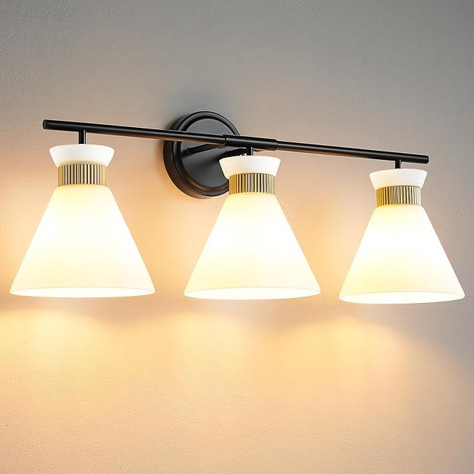 WOSHITU Bathroom Vanity Light Fixtures: 3 Lights Modern Bathroom Lighting Fixtures Over Mirror with Frosted Milky Glass Shade, Black and Gold Vanity Lighting Fixtures Wall Sconce for Bath Bedroom