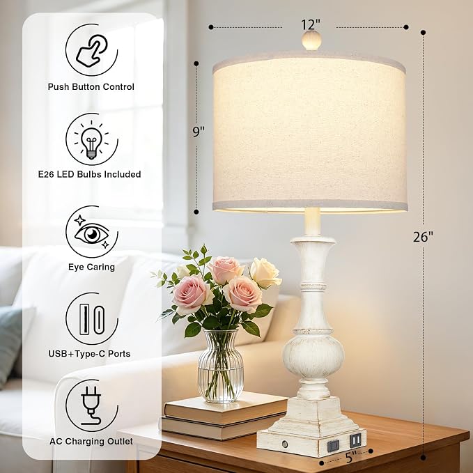 26" Farmhouse Table Lamps Set of 2, Rustic Touch Control Bedside Lamps with 2 USB Ports & AC Outlet, Vintage White Resin 3-Way Dimmable Nightstand Lamp Linen Fabric Shade for Living Room Bedroom Decor